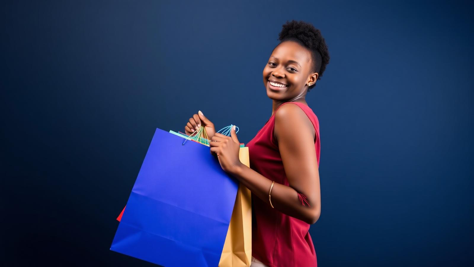 Shopper holding colourful Tees Mart shopping bags